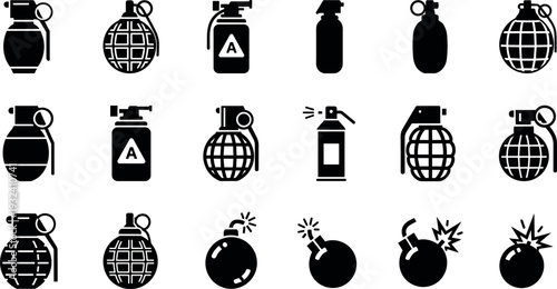 Grenade and bomb silhouette icon set including hand grenade, explosive device, smoke grenade and bomb symbols isolated vector collection for military danger warning design
