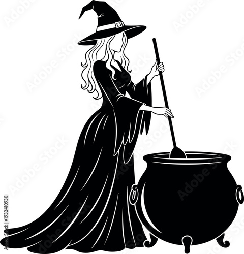 Halloween witch silhouette stirring magical potion in bubbling cauldron, spooky fantasy sorcery illustration, mystical witchcraft brewing scene, dark magic character design isolated on background