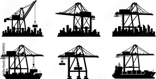 Harbor cargo crane silhouettes with container ships and industrial port skyline, maritime logistics loading equipment vector set isolated on white background for shipping industry concept