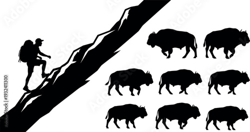 Hiker climbing steep mountain cliff and American bison silhouettes collection, wildlife animal and adventure trekking concept, outdoor expedition vector illustration isolated on white background