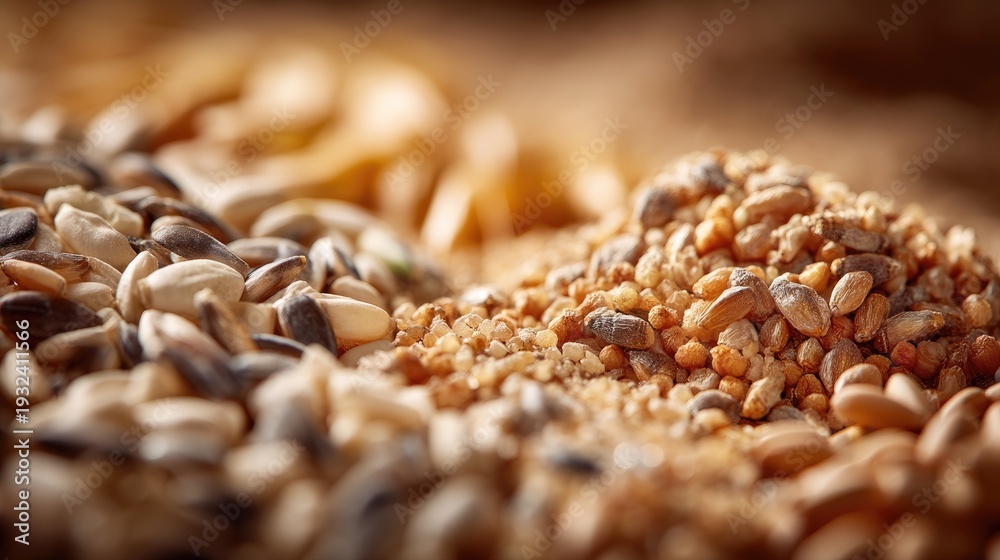 Obraz premium Close-Up of Various Grains and Seeds Showcasing Natural Textures, Colors, and Shapes Perfect for Culinary and Agricultural Themes in Stock Photography