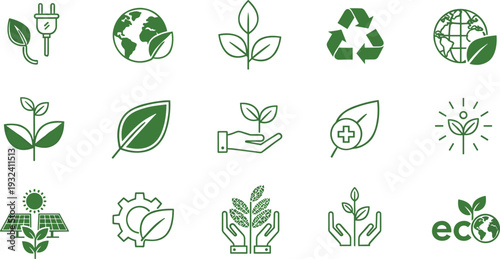 Eco Friendly Sustainability Line Icon Set with Recycling Leaf Energy and Environmental Symbols