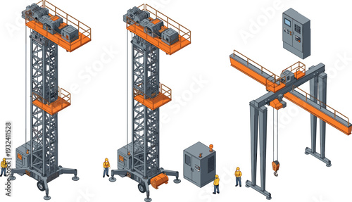 Isometric industrial crane and lifting equipment set with tower lift, gantry crane, control panel and workers vector illustration for construction engineering industry