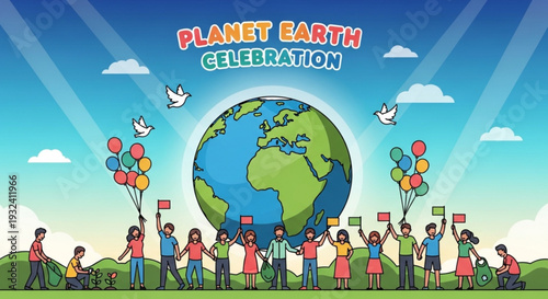 Diverse group of people celebrating planet earth with balloons and signs under sunny sky