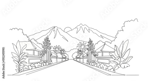 Black and White House Mountain Landscape Illustration.