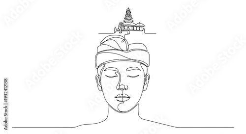 Line Art Illustration of Buddha Head with Temple.