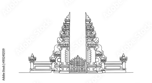 Intricate Architectural Illustration of Temple Entrance.