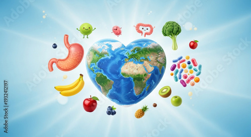Healthy globe with heart shape surrounded by fresh fruits vegetables and digestive organs on blue background with sunburst effect