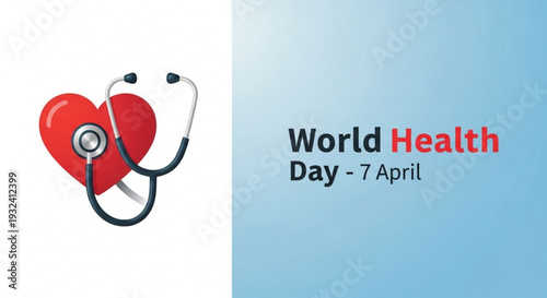 Red heart with stethoscope illustration for world health day on april 7th healthcare and medical concept with blue background