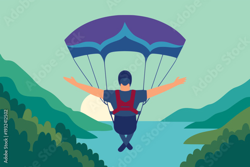 man paragliding extreme sport flying over beautiful hill landscape nature view background flat color vector illustration template design