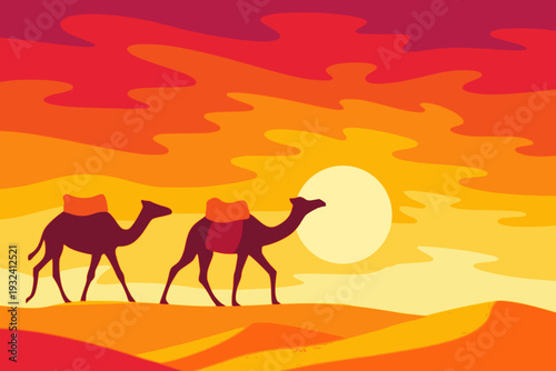 two camels travel on the desert sunset view landscape nature background flat color vector illustration template design
