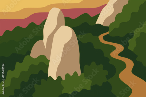 aerial top view rocky mountain hill and forest landscape nature background flat color vector illustration template design