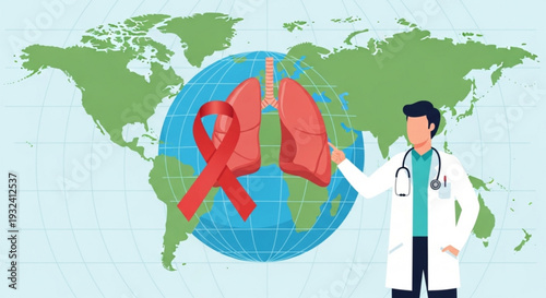 Doctor pointing to lungs with red ribbon on globe symbolizing health awareness and medical care worldwide for disease prevention