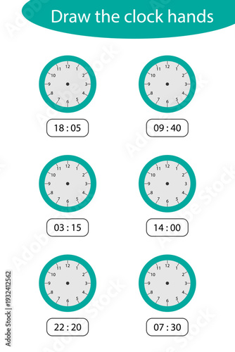What time is it, draw the clock hands, game for children, fun education task for kids, educational task for the development of logical thinking, preschool worksheet activity, vector illustration