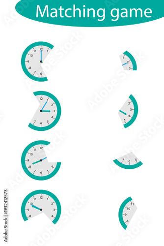 Find the second part of clocks for children, fun education game for kids, educational task for the development of logical thinking, preschool worksheet activity, vector illustration