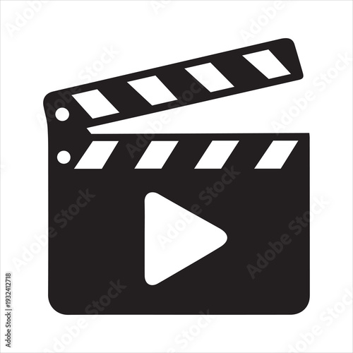 Black clapper board icon with play button in flat style. Clapperboard vector illustration for movie and film. Filmmaking or video movie production, cinematography concept.