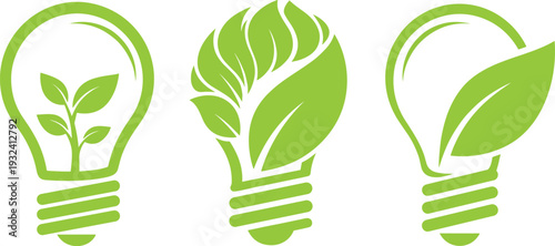 Green Eco Light Bulb Icon Set with Leaf and Energy Saving Environmental Concept Symbols