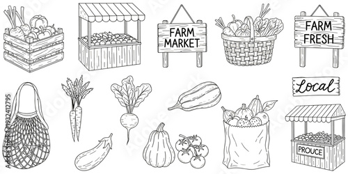 Farm market illustration set, black white design, fresh produce motif, vegetable basket artwork, local food stall symbol, decorative motif, flat vector drawing