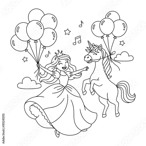 Unicorn coloring page with princess and festive balloons celebration