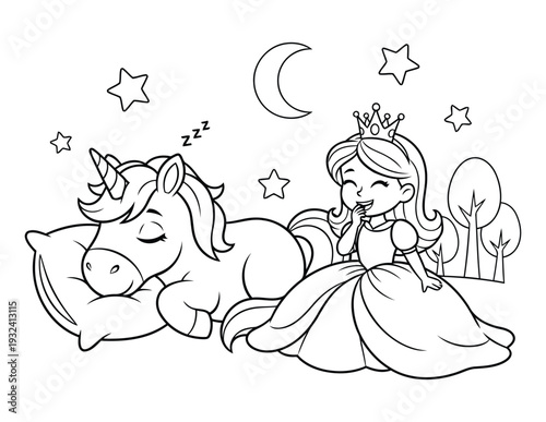 Unicorn coloring page with princess beside sleeping pony at night