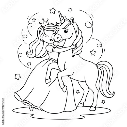  Unicorn coloring page with princess hugging magical pony