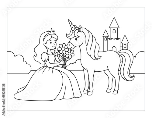  Unicorn coloring page with princess holding flowers near castle