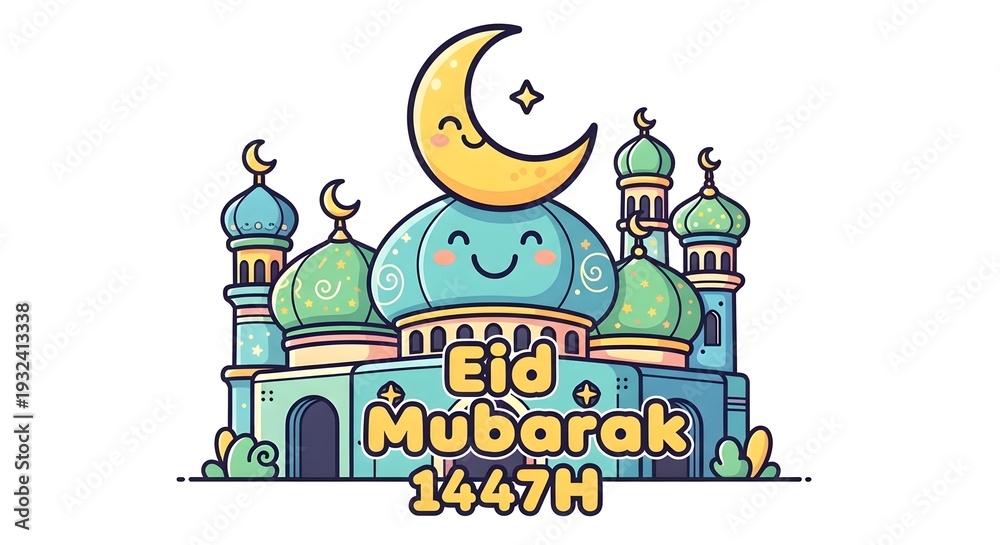 Naklejka premium Cute Cartoon Mosque with Crescent Moon and Eid Mubarak Greeting.