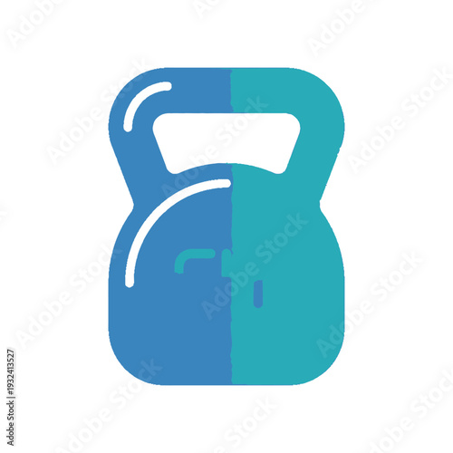 A stylized graphic illustration of a kettlebell in two shades of blue and teal, representing fitness and strength training.