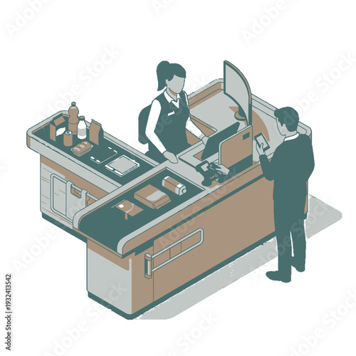 Isometric illustration of a customer paying at a supermarket checkout with a cashier.