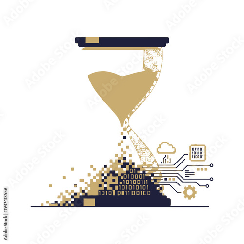 A conceptual illustration of time transforming into digital data and technology, with binary code and circuit elements.