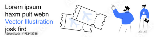 Travel, booking, ticketing, aviation, customer service, tourism. Two airline tickets with people in discussion. Travel and booking for aviation and ticketing purposes