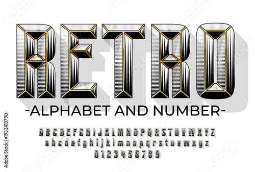 Halftone pop art style alphabet design. Chisel retro font with modern dispersed texture and golden inserts, uppercase number and symbols