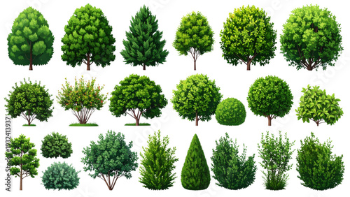 Realistic green bushes and garden shrubs collection, landscape plant set, foliage design elements for architecture, decorative nature background, cad drawing flat vector illustration