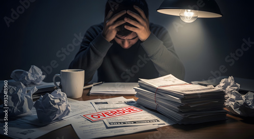 A stressed freelancer sits at a messy desk with bills