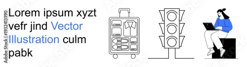 Travel, remote work, urban living, digital lifestyle, transportation, multitasking. A suitcase, traffic light and woman on a laptop. Travel and remote work concepts in modern daily life