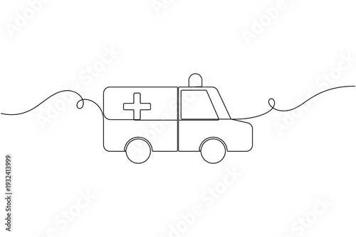 Emergency ambulance vehicle sign icon continuous one line art single drawing on white background minimal rescue symbol outline vector illustration