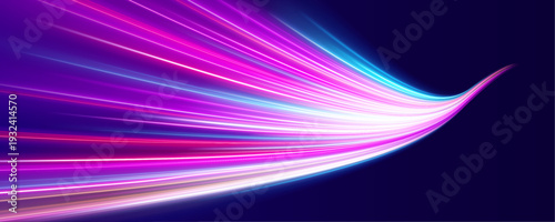 Multicolor neon streaks surge forward, creating a vivid tunnel of speed. Radiant pink, blue, and gold tones glow brightly along the path. Perfect for futuristic motion backgrounds. vector