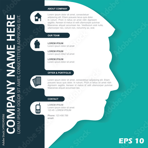 Corporate Profile Infographic Template. Vector Illustration of a Stylized Human Face Profile with Sections for Company History, Team, Portfolio, and Contact Information