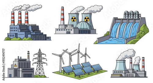 Collection of various power generation plants and renewable energy sources.