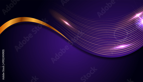 Dark violet wavy corporate background with glowing golden lines. Vector abstract design