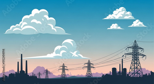 High voltage power lines and pylons against a cloudy sky.