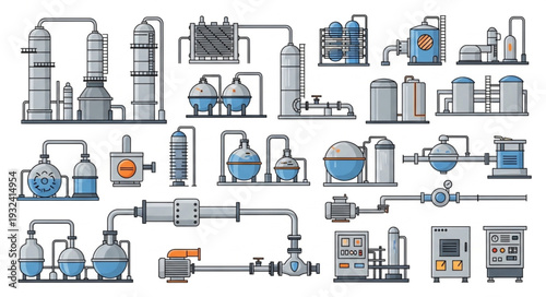 Collection of industrial chemical processing plant equipment illustrations.