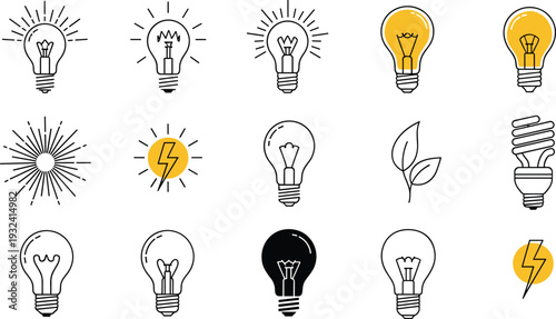 Light Bulb Icon Collection with Idea Concept, Energy Saving Lamp and Electricity Symbols Vector Set