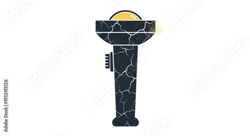 Cracked old flashlight with glowing bulb, vintage distressed design