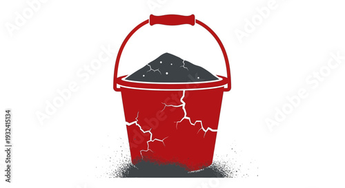 Cracked red bucket filled with soil and debris on white background