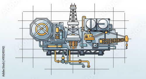 Detailed illustration of an industrial offshore oil rig platform.
