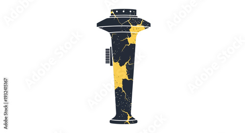 Cracked vintage flashlight with distressed texture on white background