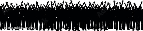 Large cheering crowd silhouette with raised hands, excited people group celebrating at concert, festival or event, vector illustration representing audience energy and teamwork