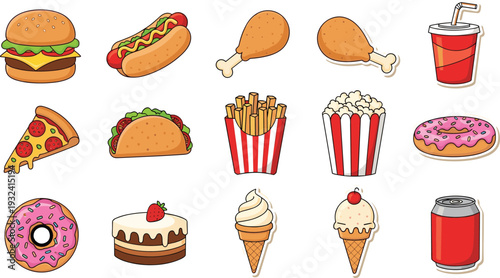 Fast Food and Junk Food Collection with Burger, Pizza, Donut, Fries, Soda and Ice Cream Cartoon Vector Set