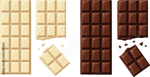 White and Dark Chocolate Bar Collection with Broken Pieces and Crumbs Sweet Dessert Vector Illustration Set